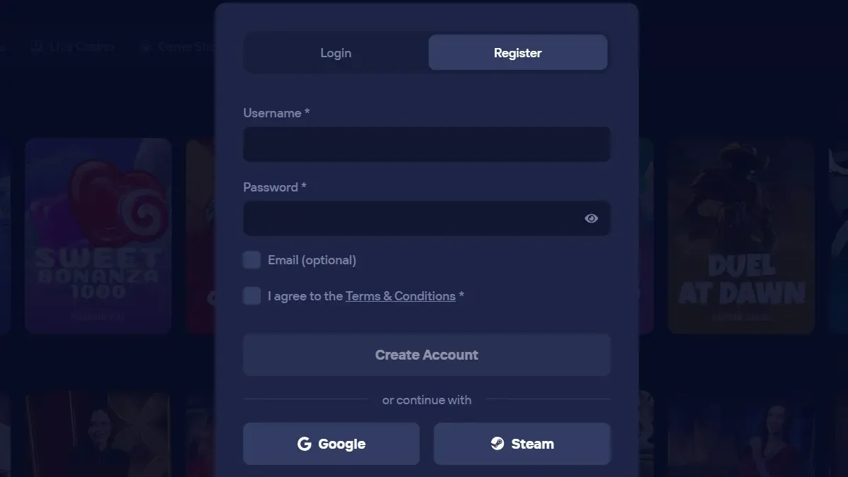 Регистрация в казино Дуэль